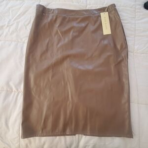 Kate Kasin Taupe Faux Leather Pencil Skirt